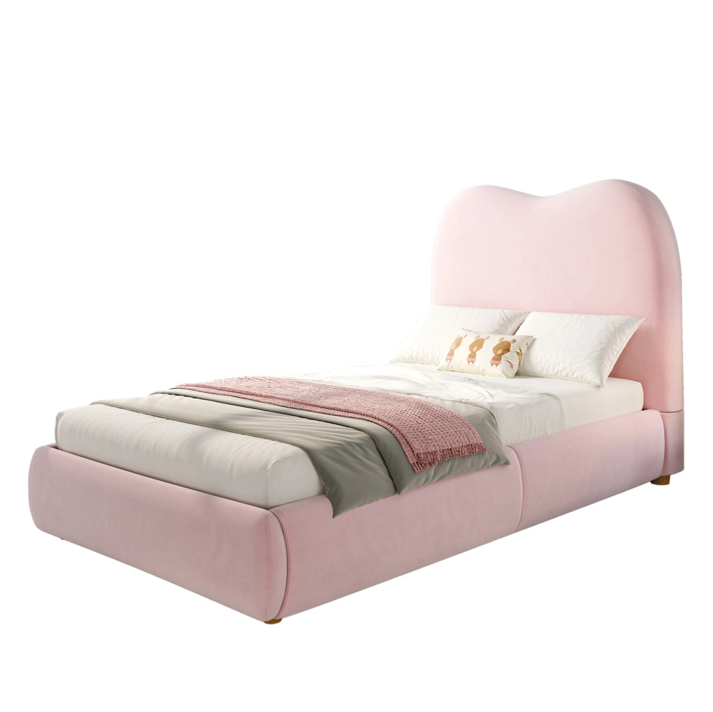 Letto singolo imbottito 90x200 cm in velluto rosa con contenitore e rete a doghe