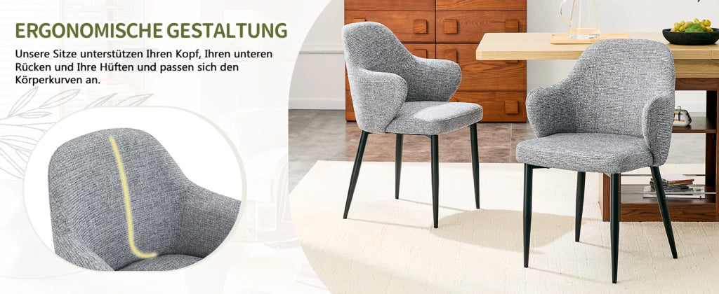 Set di 2 sedie da pranzo grigie in tessuto con schienale avvolgente, gambe in metallo a croce, altezza 83 cm, design moderno per casa