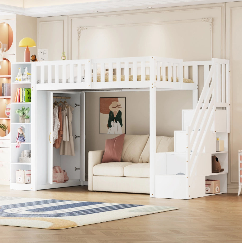 Letto a soppalco 90x200 cm con guardaroba; ripiani e scala con cassetti