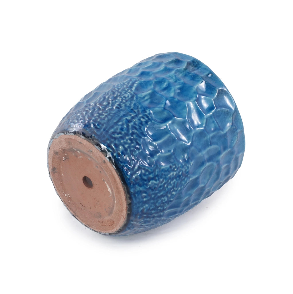 Set di 4 Vasi in Ceramica fatti a Mano, Blu Lucido con Rilievo a Martellatura, Ø38/30/22,5/18 cm, con Foro di Drenaggio, Resistente al Gelo per Interni e Giardino
