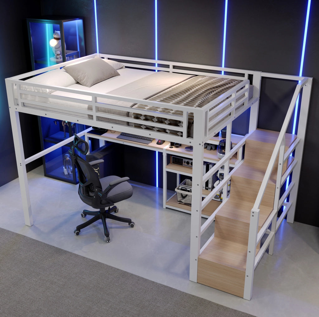 Letto a soppalco 140x200 cm con LED, USB e USB-C in metallo e MDF bianco