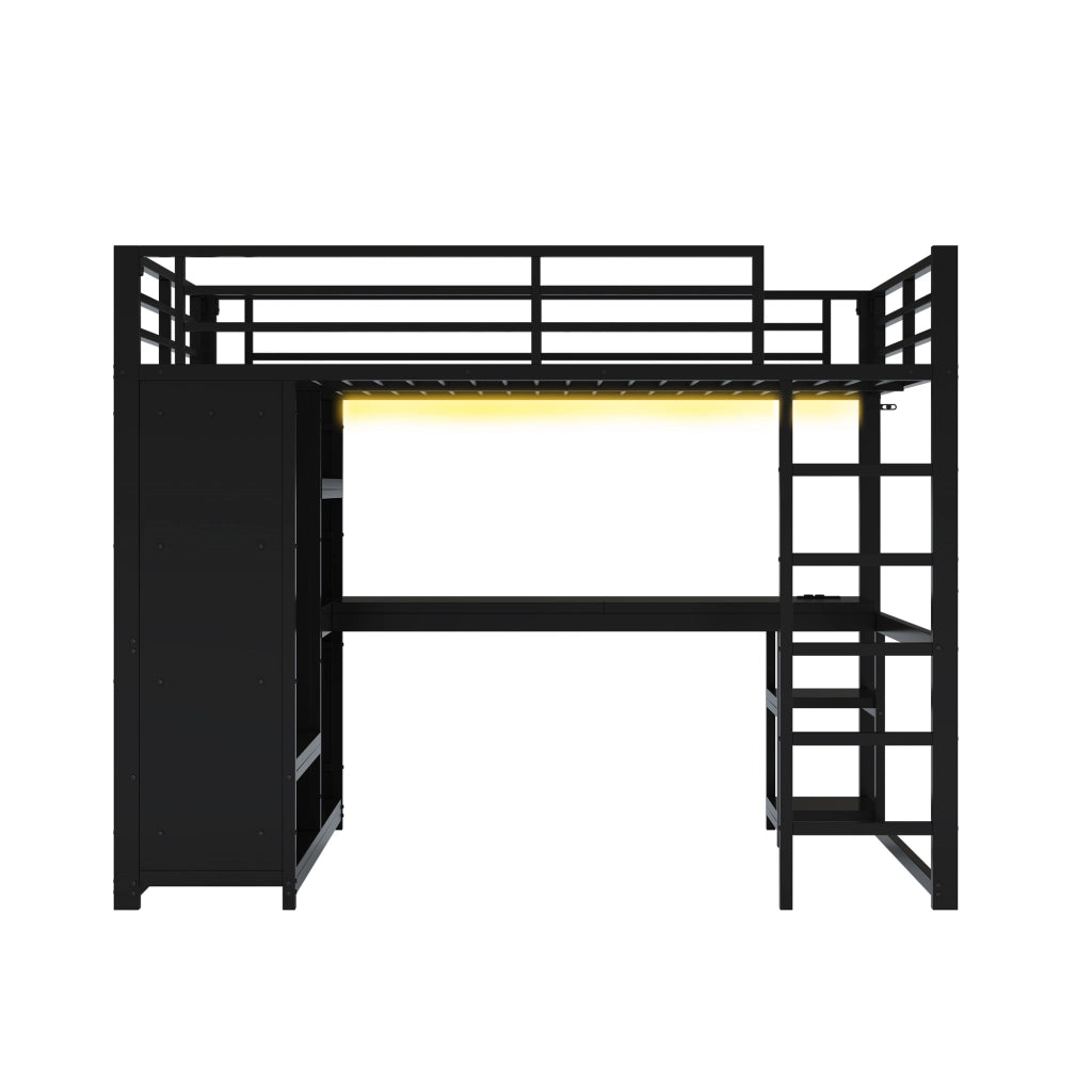 Letto a castello 140 x 200 cm con scrivania, LED, contenitori e scala, metallo e MDF nero