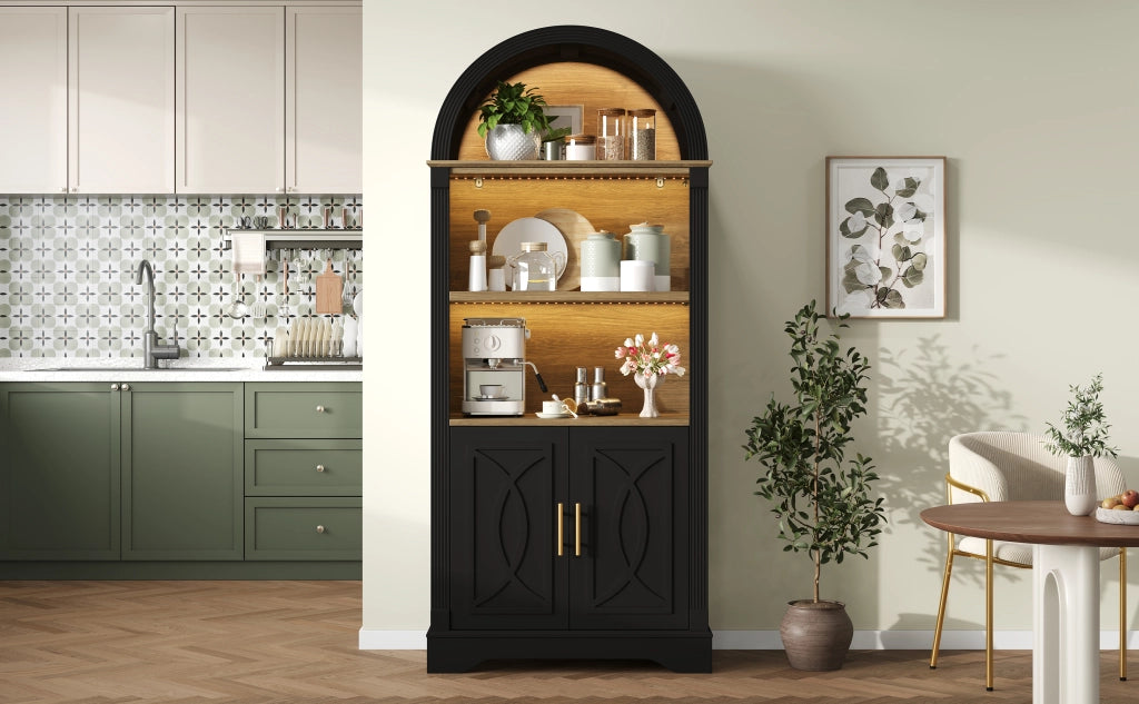 Credenza alta con LED ripiano regolabile 2 ante e 3 vani aperti in MDF nero per cucina soggiorno 76,2 × 40,1 × 180 cm