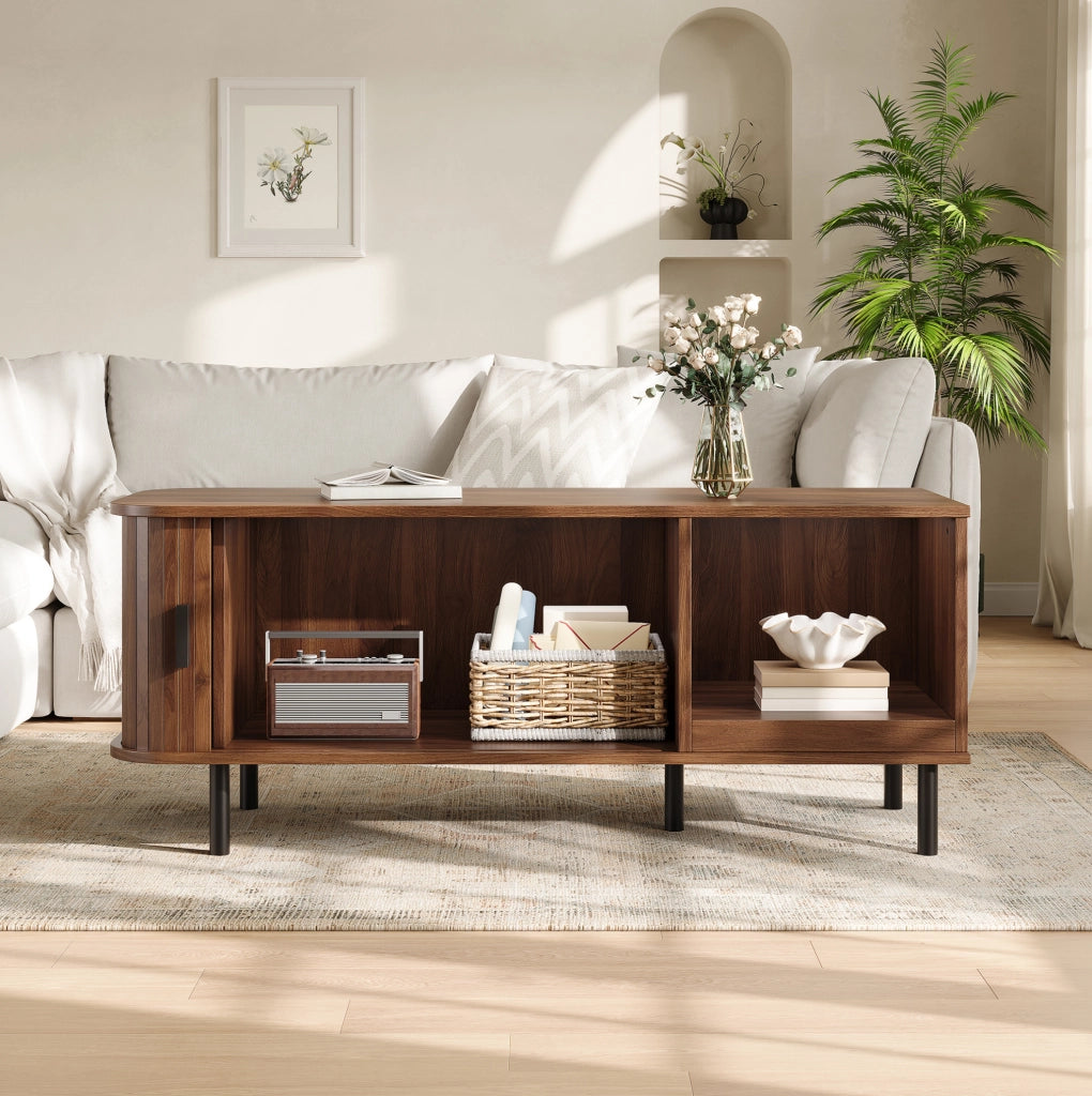 TAVOLINO DA CAFFÈ 110x40x55 cm Noce con anta scorrevole e vano aperto