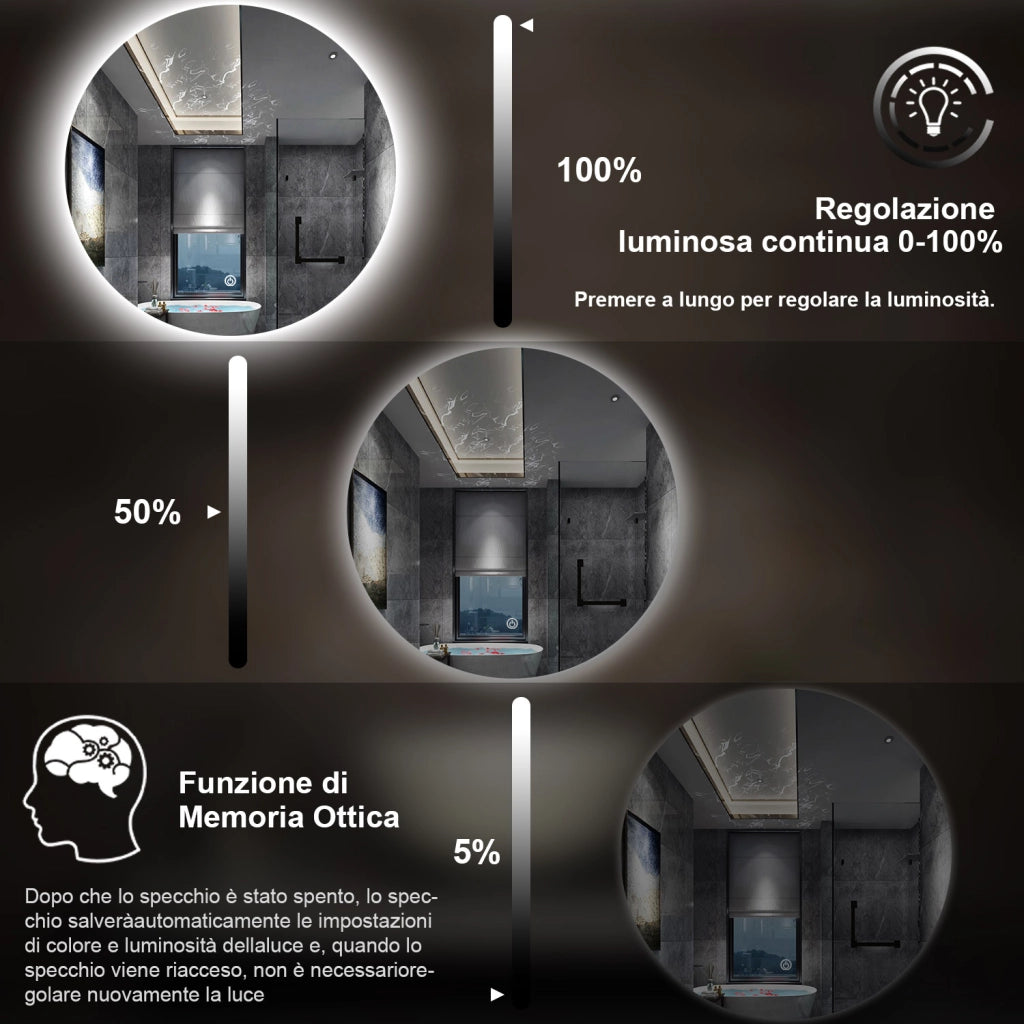 specchio 90 cm rotondo con luce led antiappannamento e touch