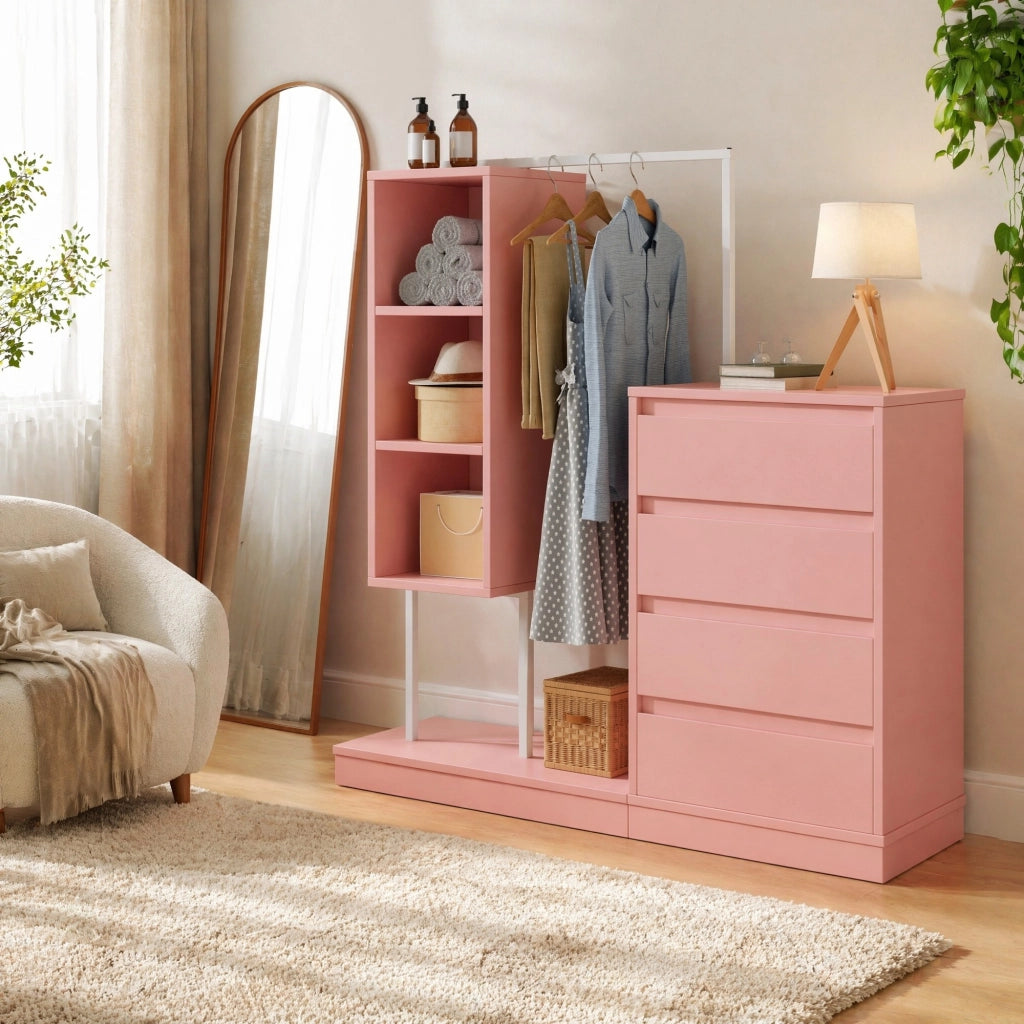 Mobile contenitore rosa con 4 cassetti; 3 ripiani aperti e barra appendiabiti