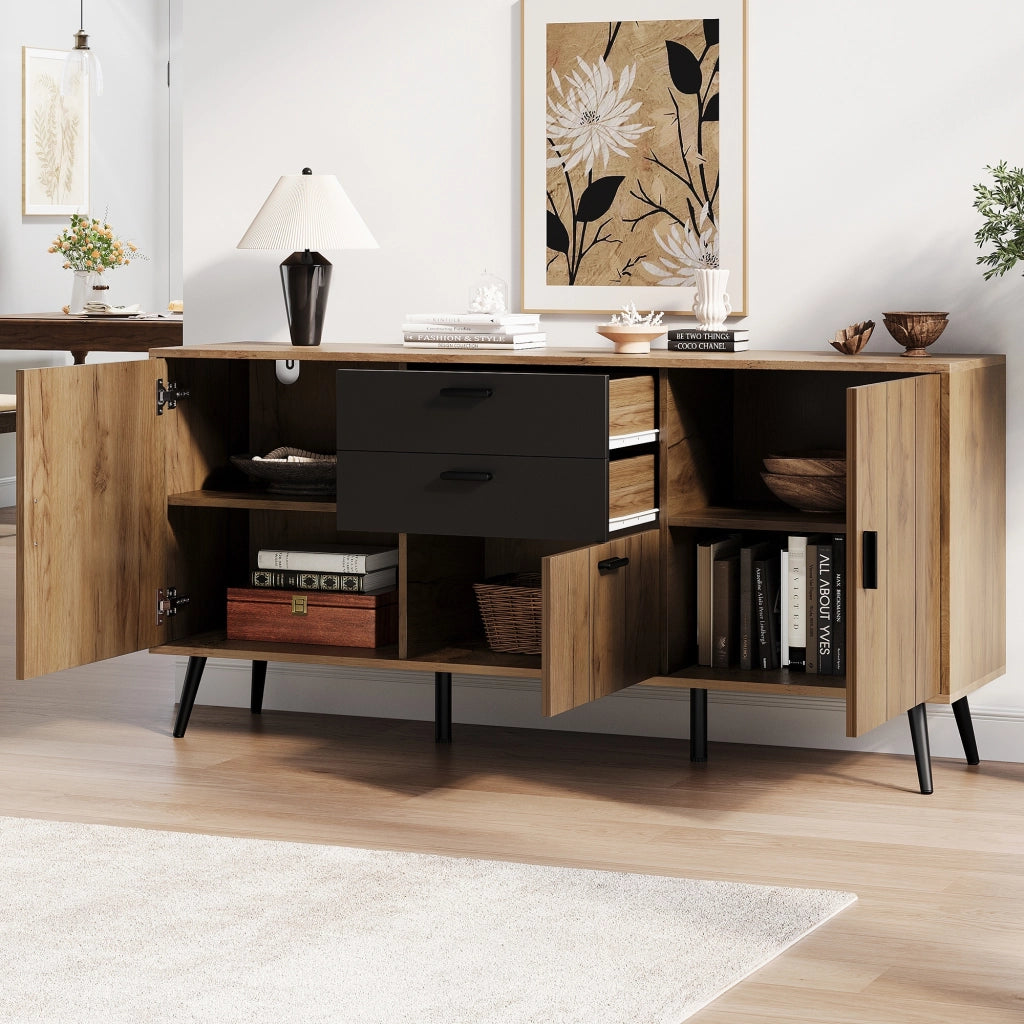 Credenza, mobile per la camera da letto, 2 cassetti, 3 ante, 140 x 35 x 67 cm, nero e naturale