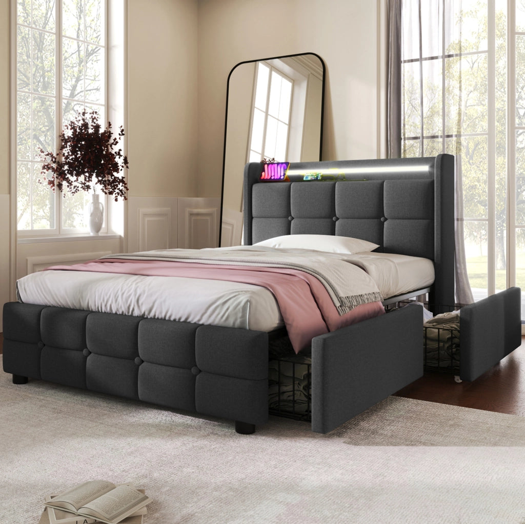 Letto singolo imbottito 90x200 cm con USB, luci LED e 2 cassetti