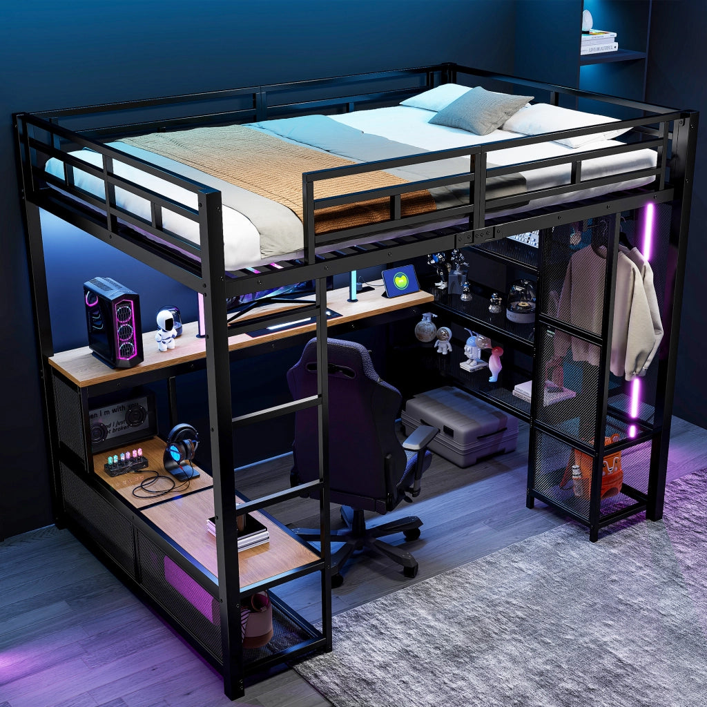 Letto a soppalco 140x200 in metallo nero con scrivania e luci LED