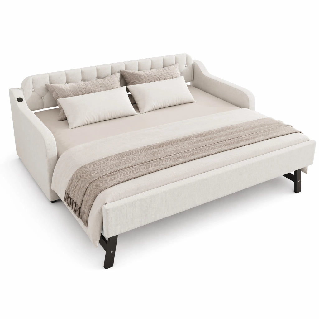 Divano letto estraibile 90x200 cm con USB; 10 doghe; in lino beige e MDF
