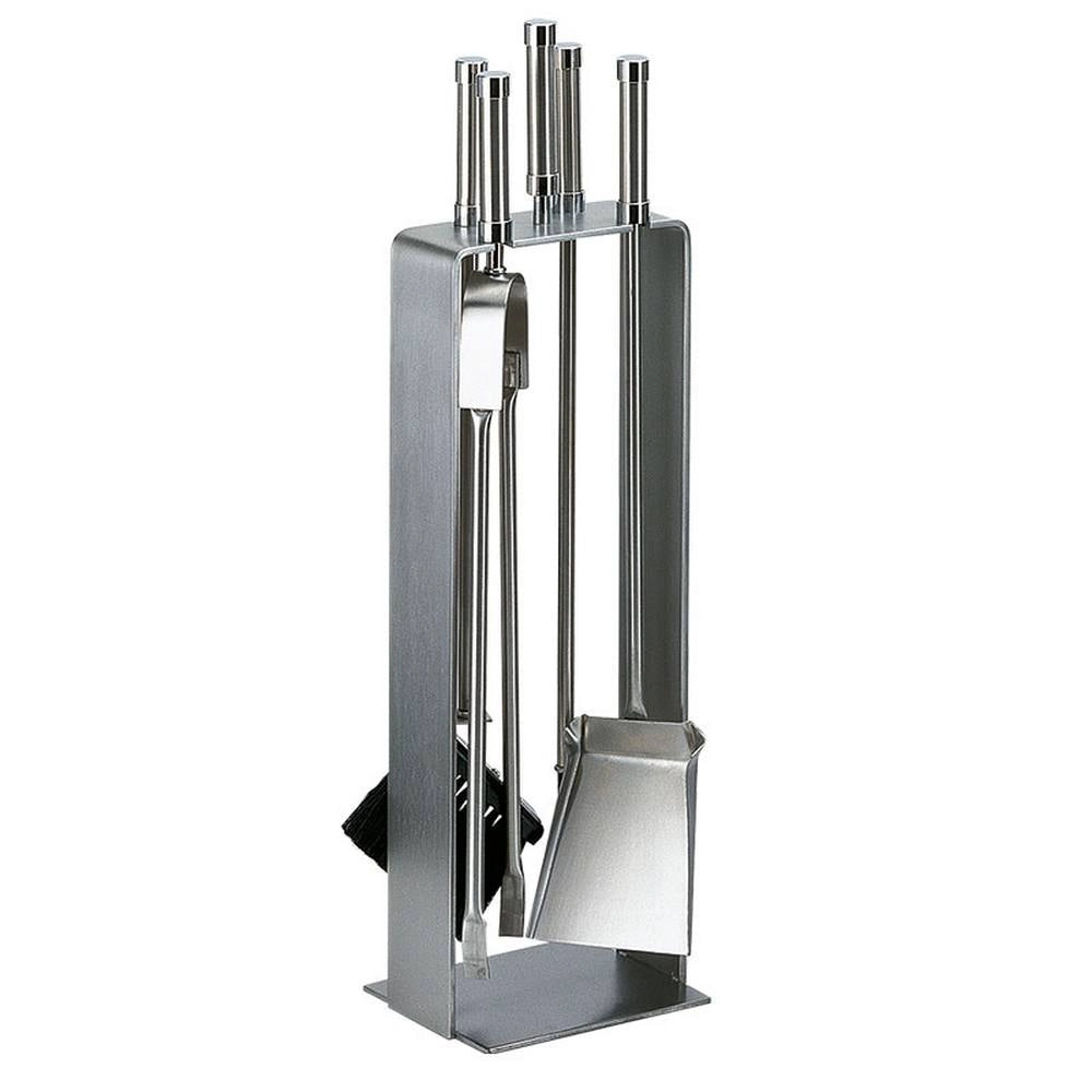 Porta attrezzi camino acciaio inox rettangolare 4 accessori h.66 base 16 x 18 cm. finiture cromo.  Made in Italy