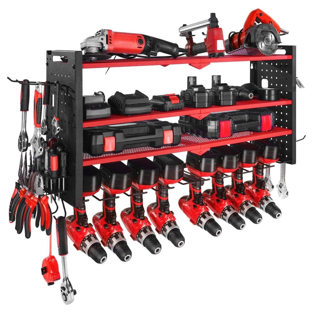 Scaffale Parete Utensili Elettrici 4 Livelli 8 Supporti Trapano Pannelli Forati Garage Officina Portaoggetti