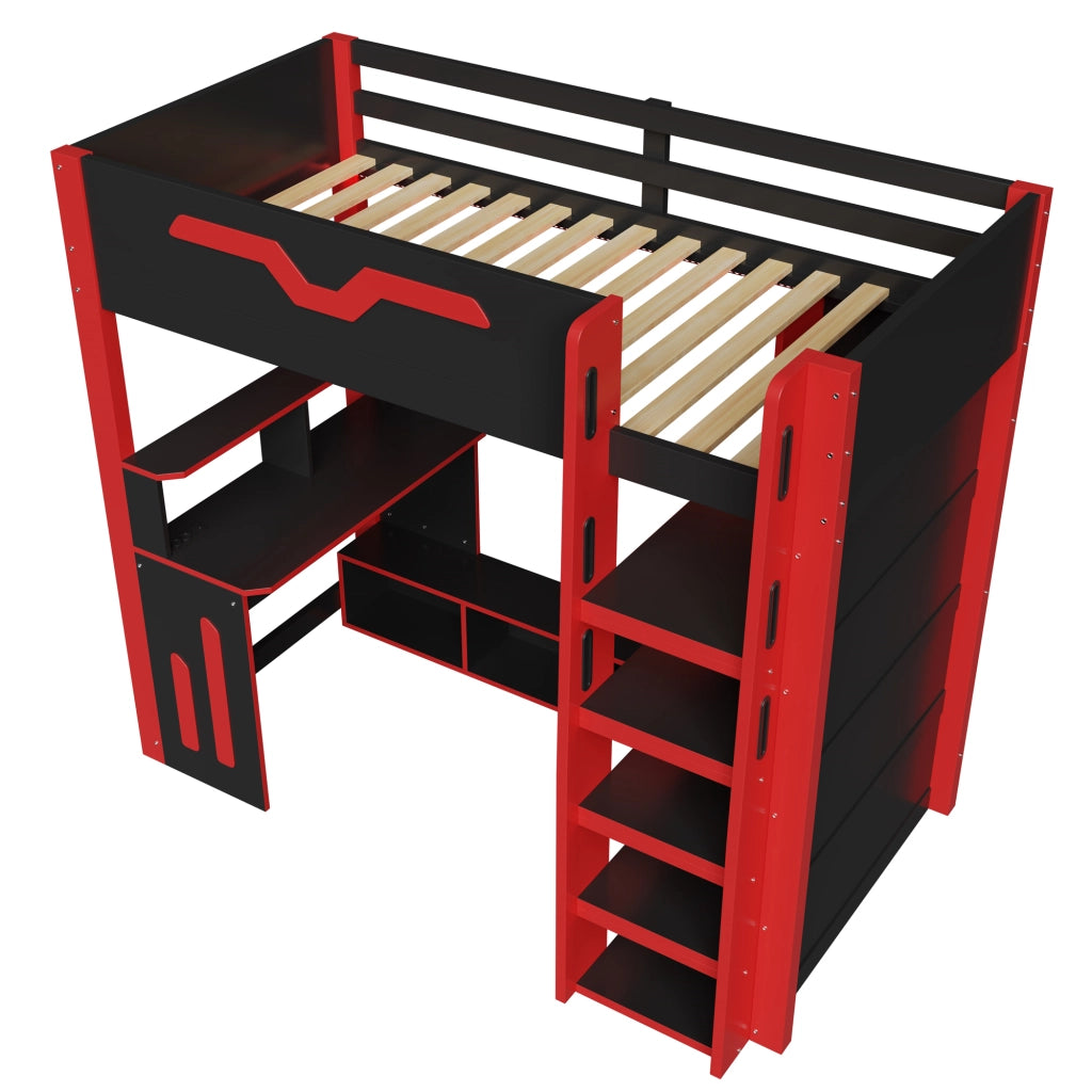 Letto a soppalco 90x200 cm con scrivania; LED e scala contenitore; legno nero e rosso