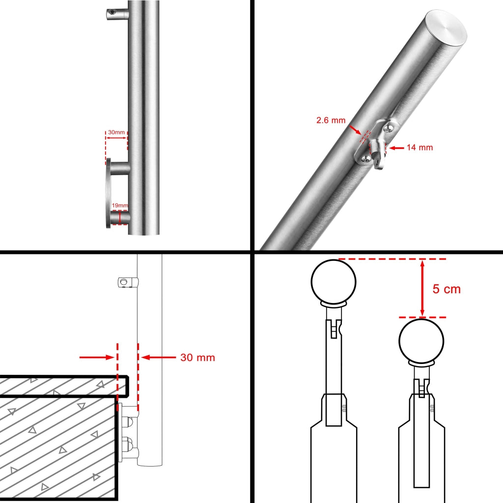 Ringhiera Balaustra Corrimano in acciaio inox 304 spazzolato per scale 200 cm, 5 barre trasversali, fissaggio laterale, per interni ed esterni