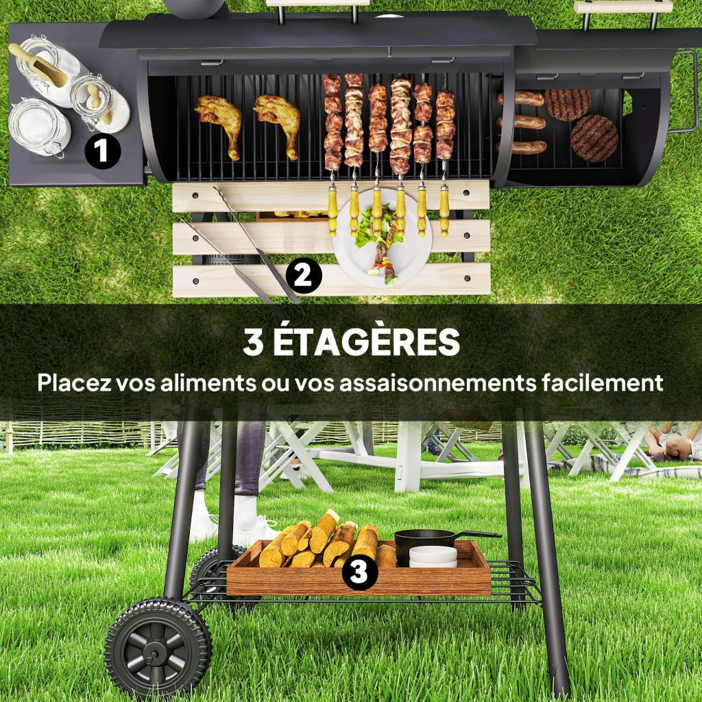 Barbecue a carbone affumicatore a piantana 124 x 53 x 108 cm termometro integrato ruote pratiche industriale in acciaio nero 21_0004388