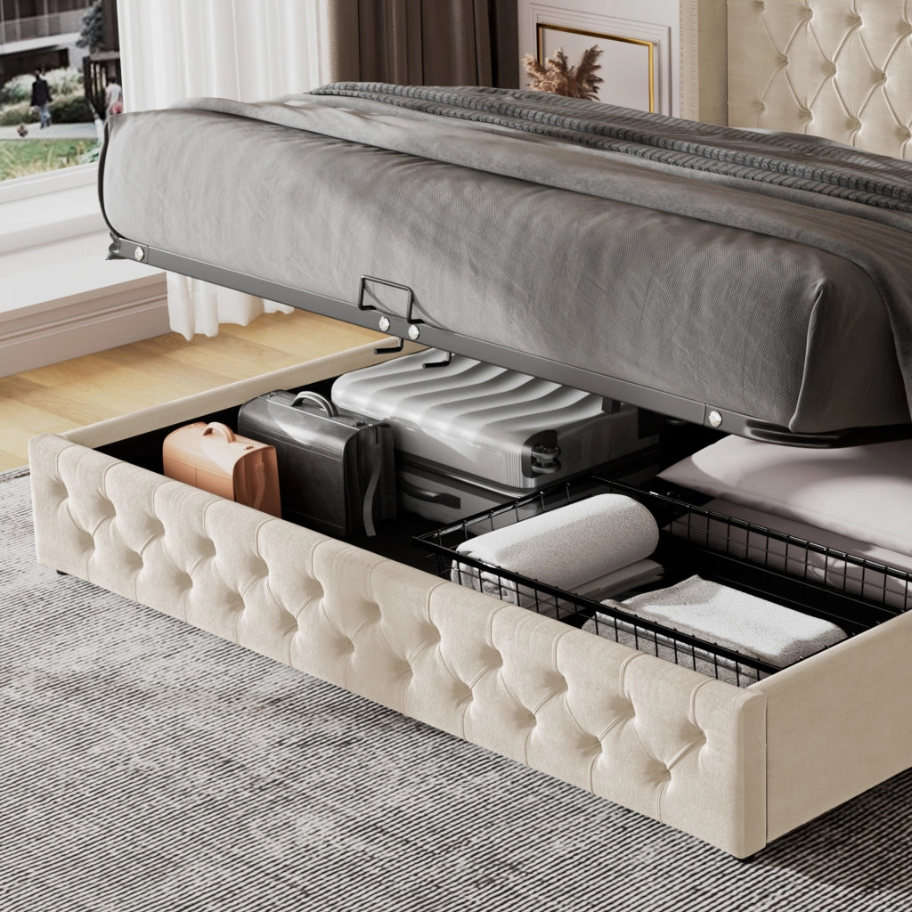 Letto contenitore 160x200 cm con sollevamento idraulico in velluto beige