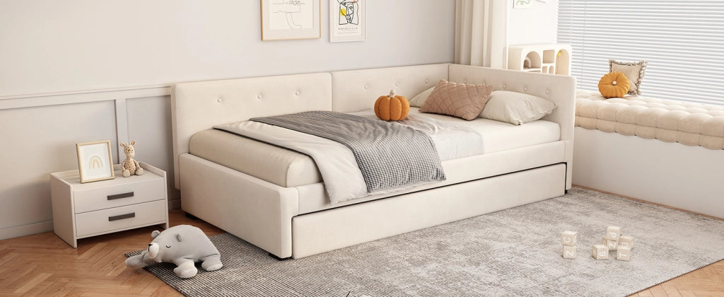 Letto divano singolo 90 × 200 cm, letto estraibile 90 × 190 cm, senza materasso, velluto beige