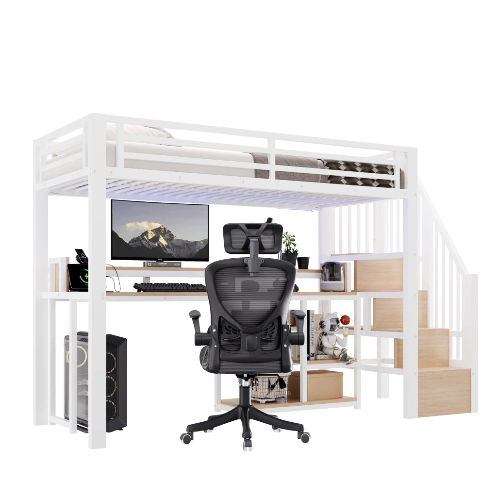 Letto a Soppalco 90 x 200 cm - USB, Type-C, LED e Ripiani - Bianco