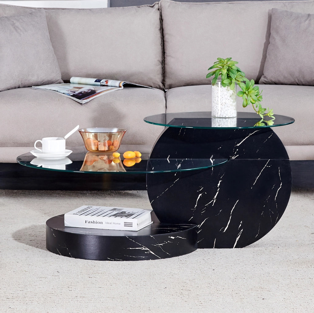 Tavolino da caffè moderno in MDF e vetro temperato, design multilivello nero