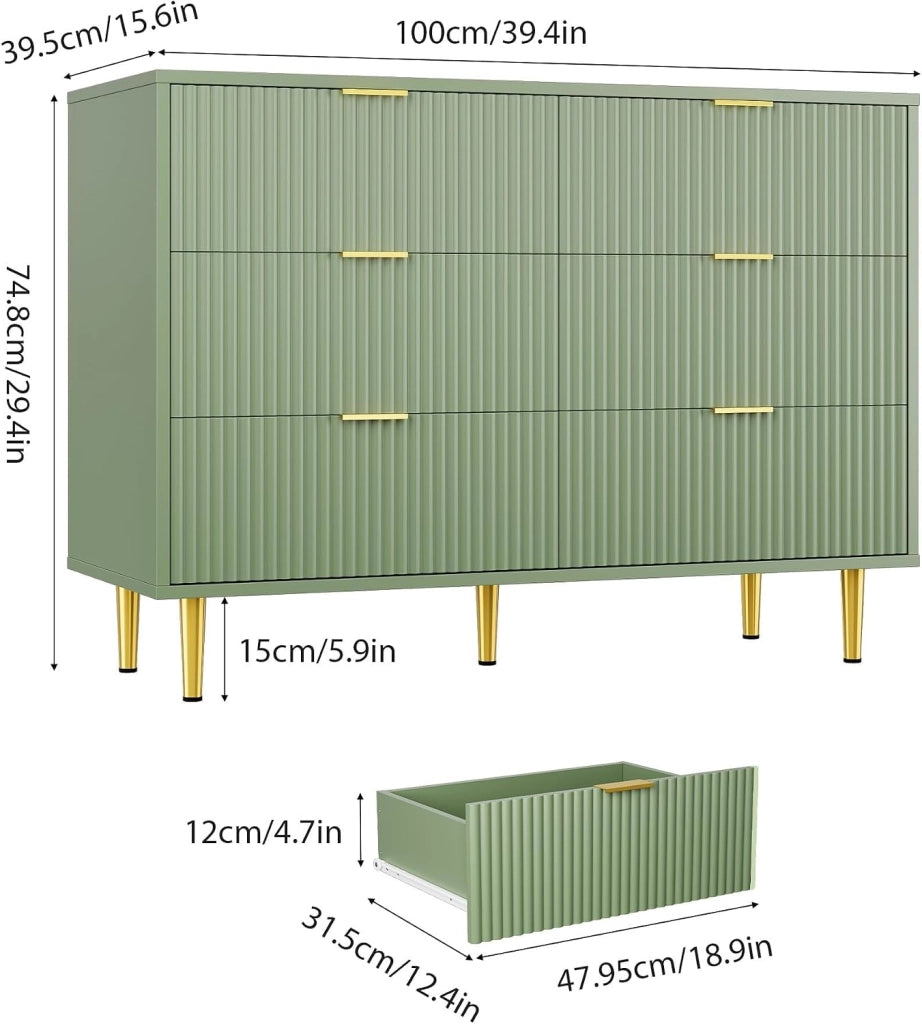 Cassettiera 6 Cassetti Verde Avocado con Frontale Ondulato e Piedini Dorati per Camera e Salotto 100x40x75cm