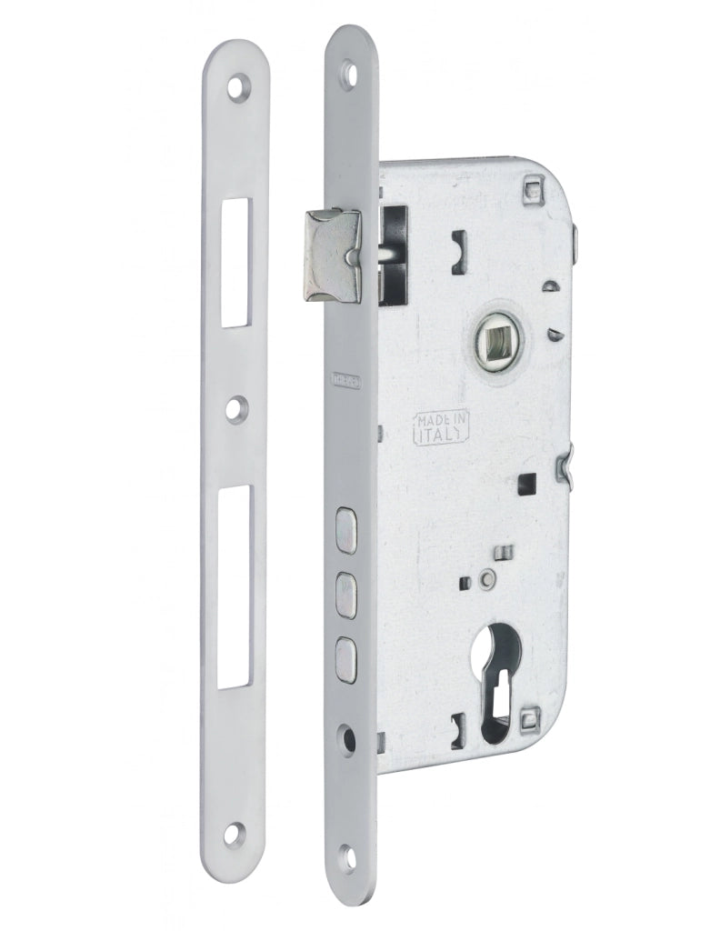 Cassa serratura per cilindro europeo, asse 45 mm, interasse 85 mm, 3 catenacci, frontale cromato – THIRARD
