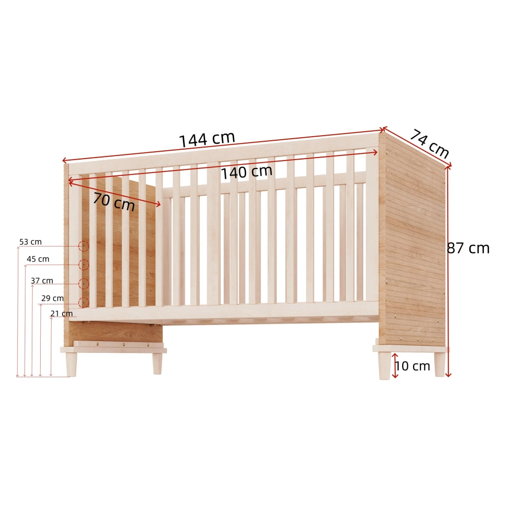 Camera completa con fasciatoio e letto con sbarre in legno massello e MDF bianco