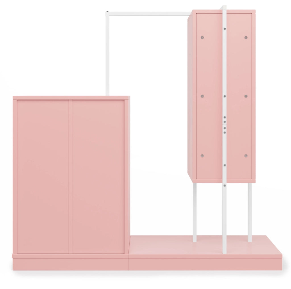 Mobile contenitore rosa con 4 cassetti; 3 ripiani aperti e barra appendiabiti
