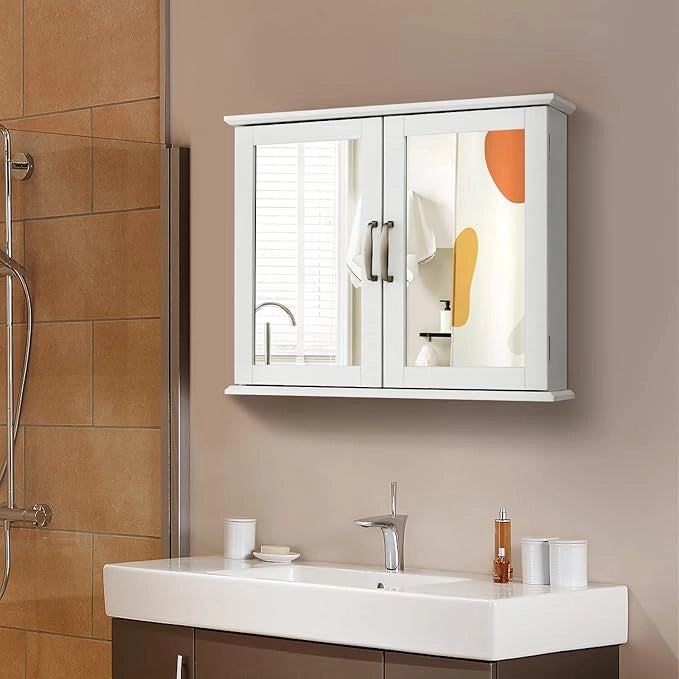 Mobile da Bagno 60 x 14 x 50cm, Armadietto da Parete Moderno con 2 Ante a Specchio e Mensole, Mobiletto per Cucina Lavanderia, Bianco