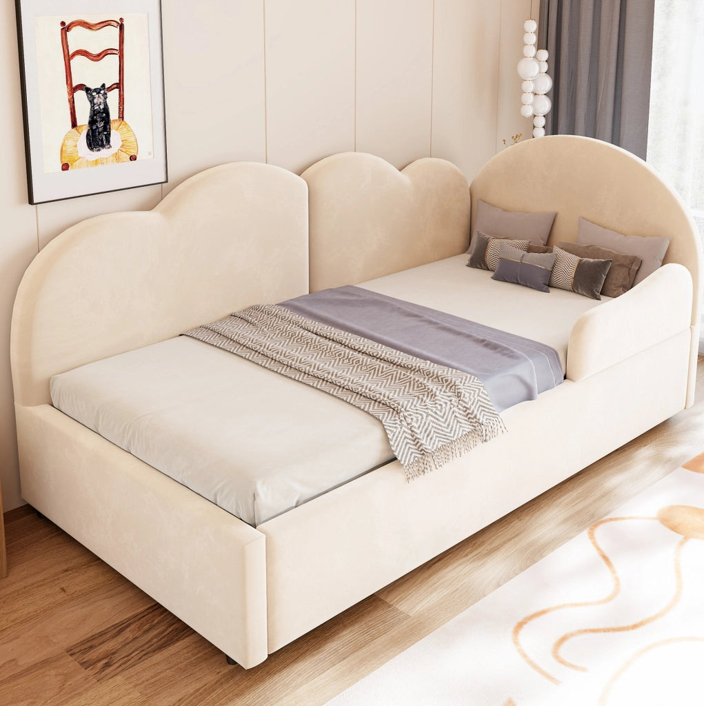 Divano letto imbottito a L con letto estraibile 90x200 cm; velluto beige