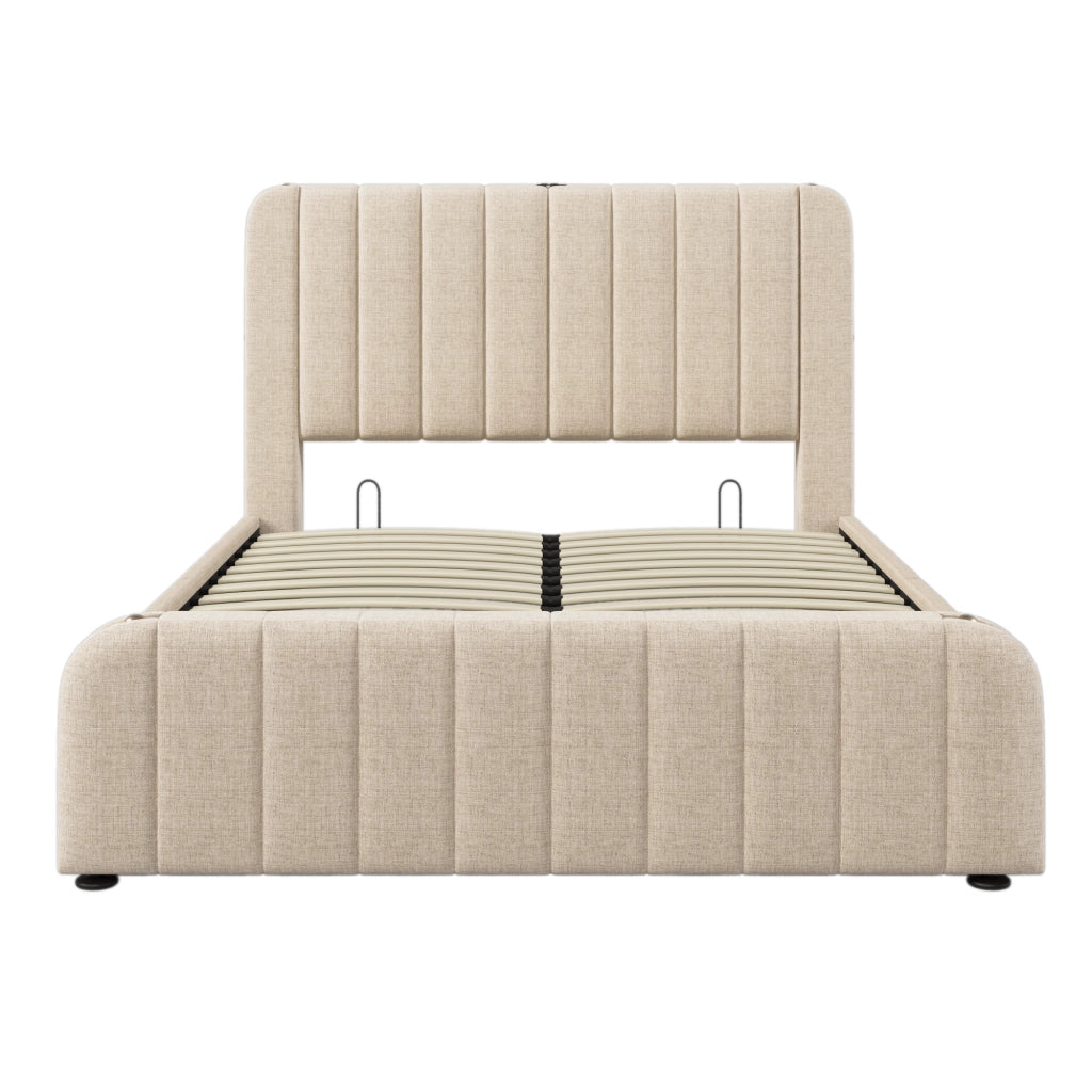 Letto Contenitore Matrimoniale 160x200 cm; USB e Type-C; in Lino Beige