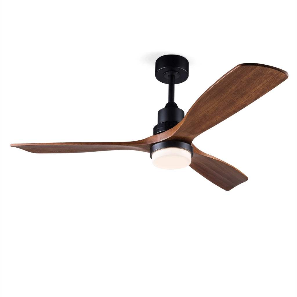 Ventilatore da soffitto con luce; telecomando e pale in legno massello; nero e noce scuro