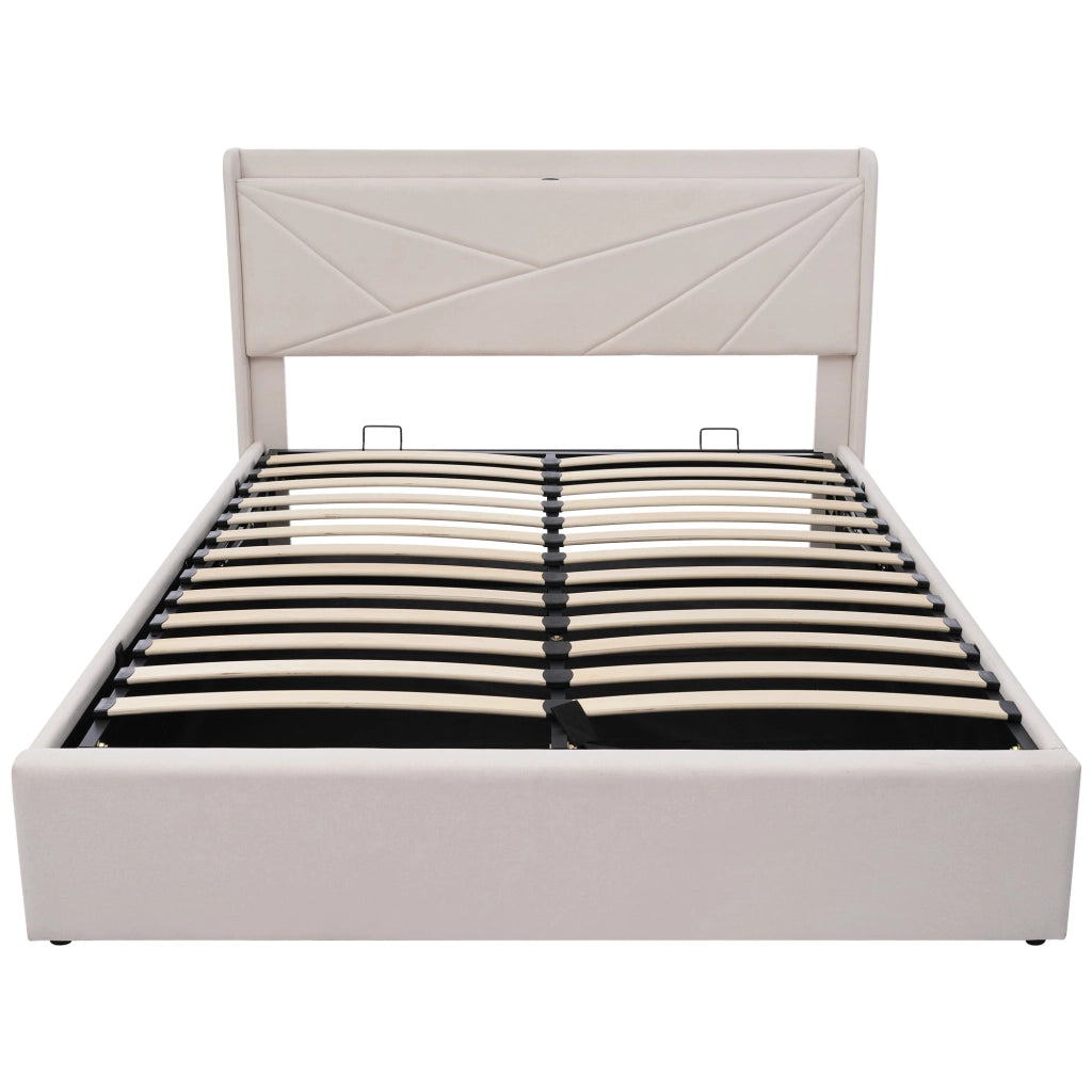 Letto contenitore matrimoniale 140×200 cm con USB; porta di ricarica tipo C e testiera imbottita; senza materasso; beige