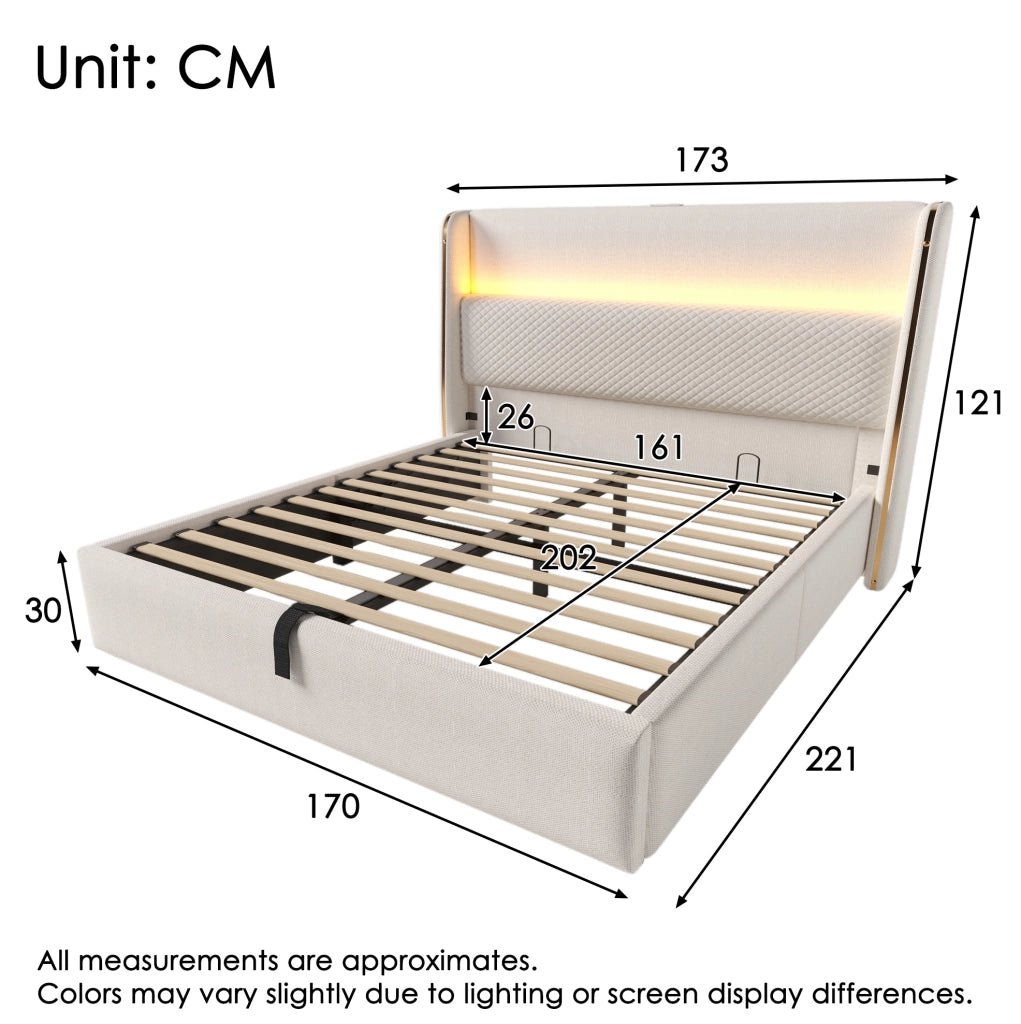 Letto contenitore 160x200 cm beige con LED, USB e Type-C