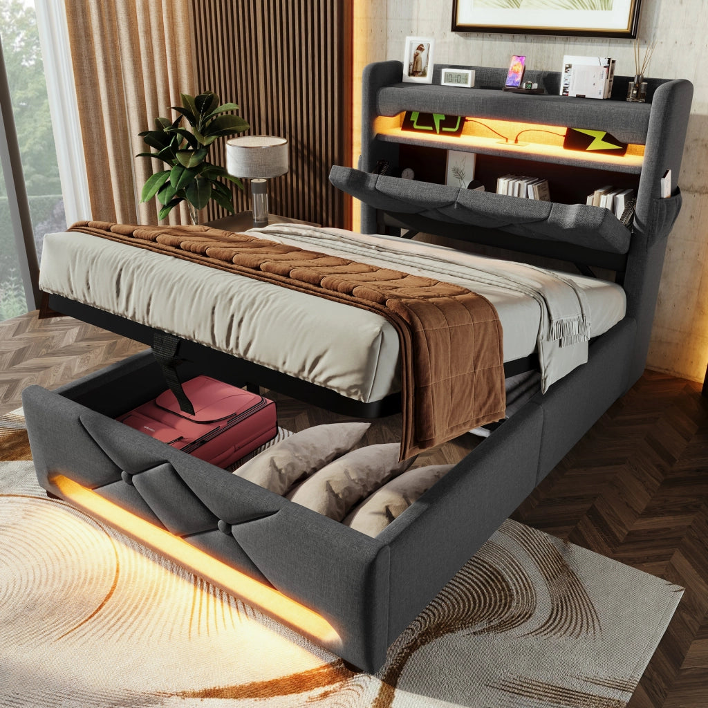 Letto singolo 90 × 200 cm con materasso LED 360 gradi ricarica USB Type C contenitore idraulico grigio lino