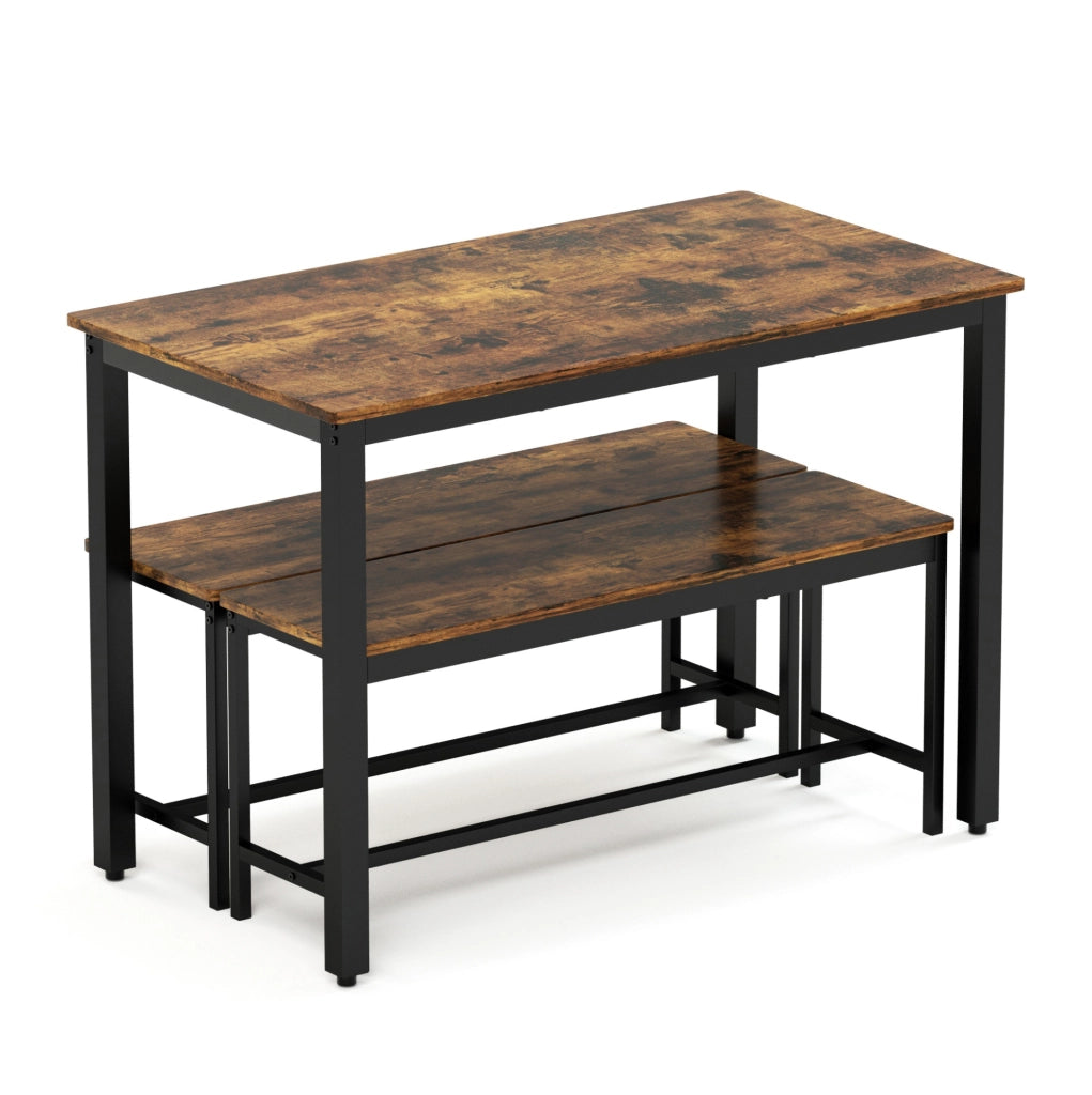 Set da pranzo industriale con tavolo 110x60x75 cm e 2 panche rustiche marrone e nero