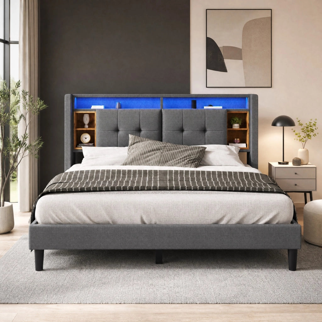 Letto matrimoniale 160x200 cm grigio con testiera contenitore, LED, USB e prese