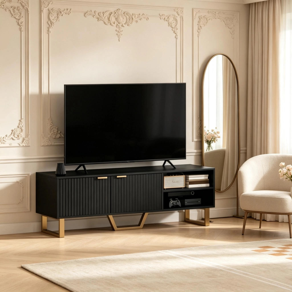 Mobile TV nero 140 cm con due ante scanalate