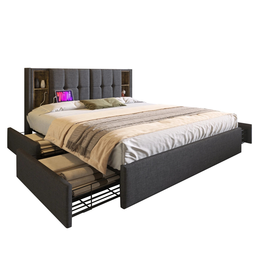 Letto matrimoniale 160x200 cm con ricarica wireless; USB C e 4 cassetti; lino grigio