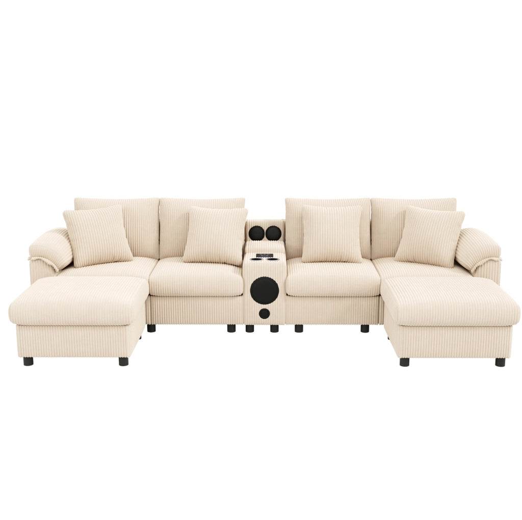 Divano modulare angolare 315;5x144 cm in velluto a coste beige con Bluetooth e ricarica USB-C