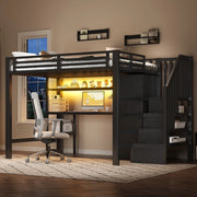 Letto a Soppalco con Scrivania, Libreria e Armadio ¨C MINIMAL ¨C Metallo Nero 140x200