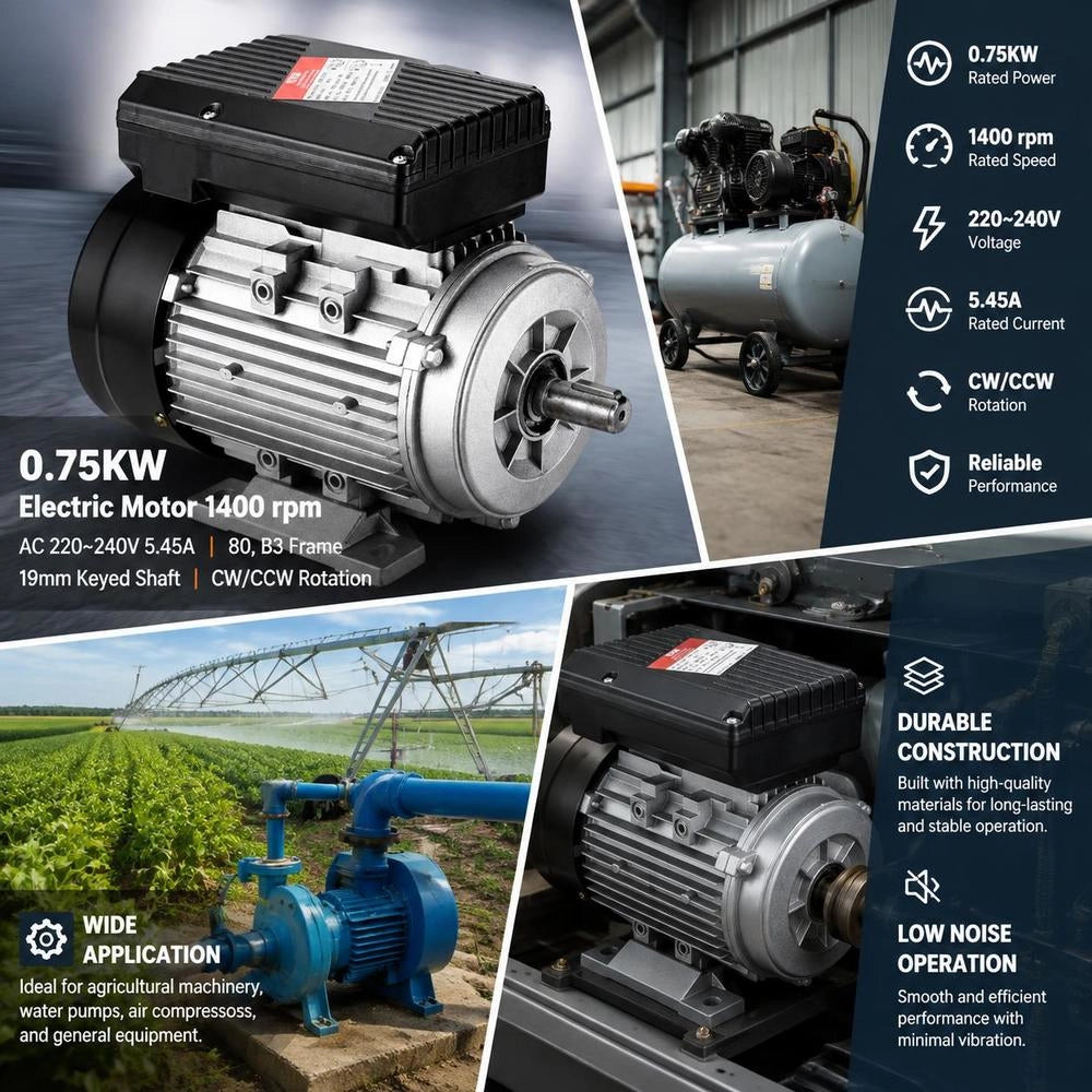 0.75 KW Electric Motor, 1400 Rpm, AC 220~240 V, 5.45 A, 80, B3 Frame, Single-phase Air Compressor Motor, 19 Mm Splined Shaft, Forward/reverse Rotation For Agricultural Machinery And General Equipment