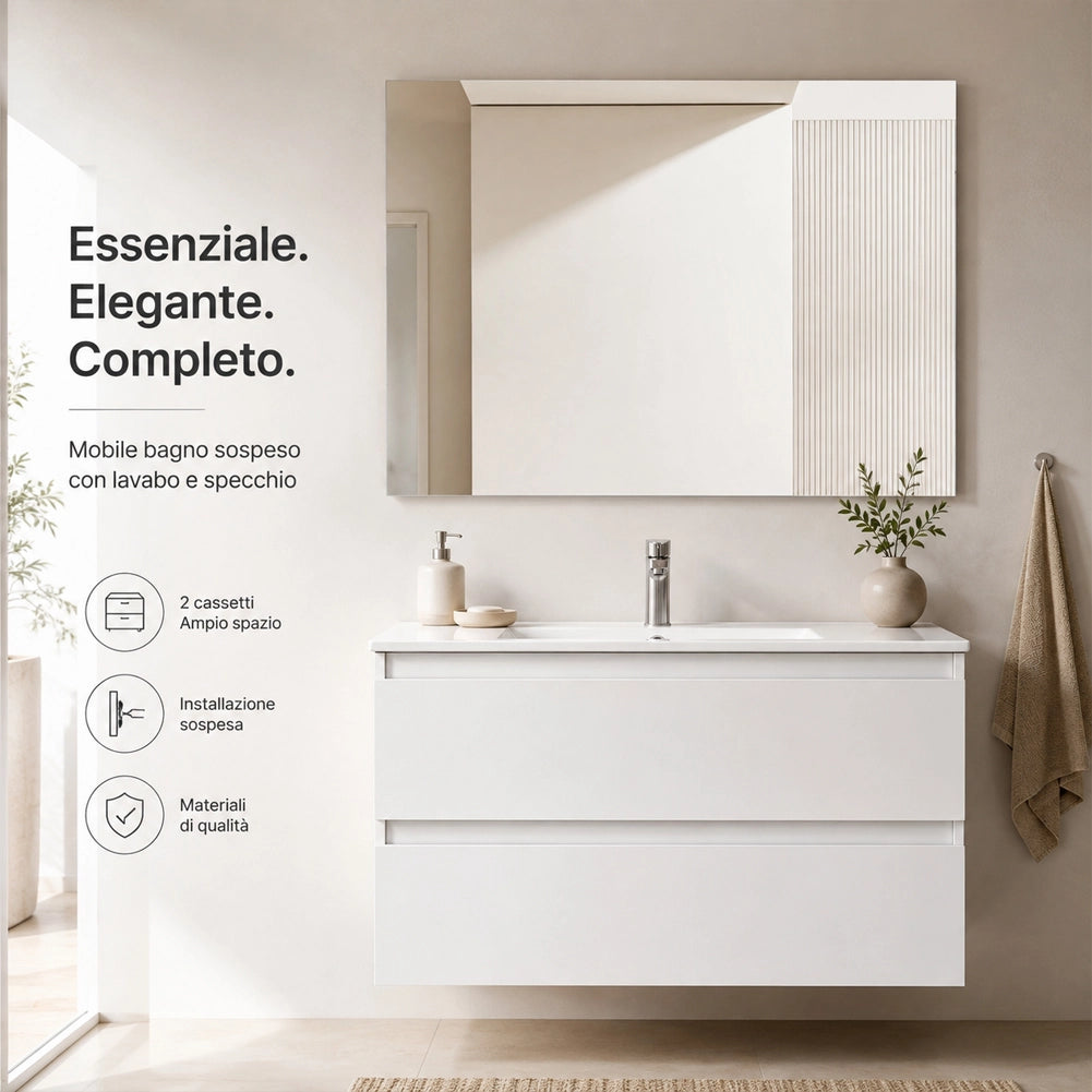Mobile da Bagno Sospeso con Specchio e 2 Cassetti Otranto Larghezza 80cm Bianco