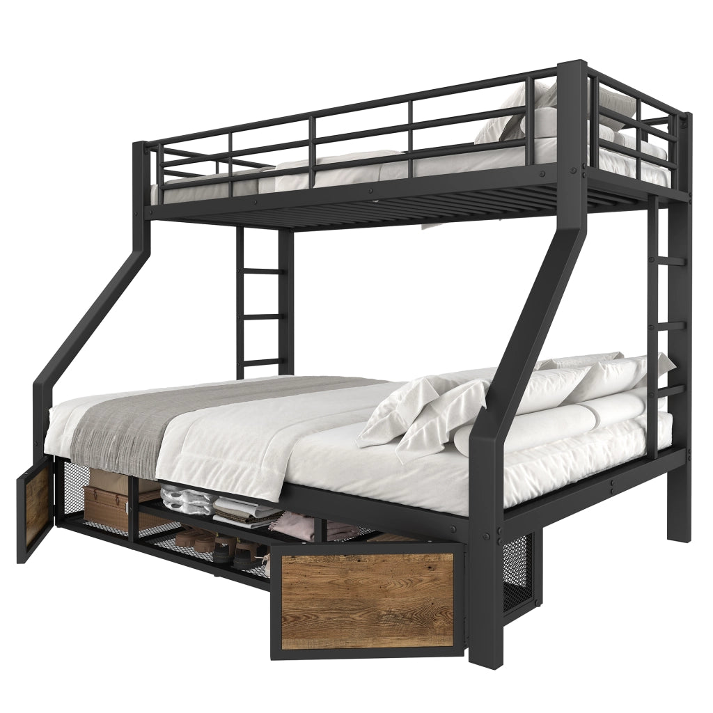Letto a castello per bambini 90 × 200 cm e 140 × 200 cm in metallo nero con scarpiera e ripiani