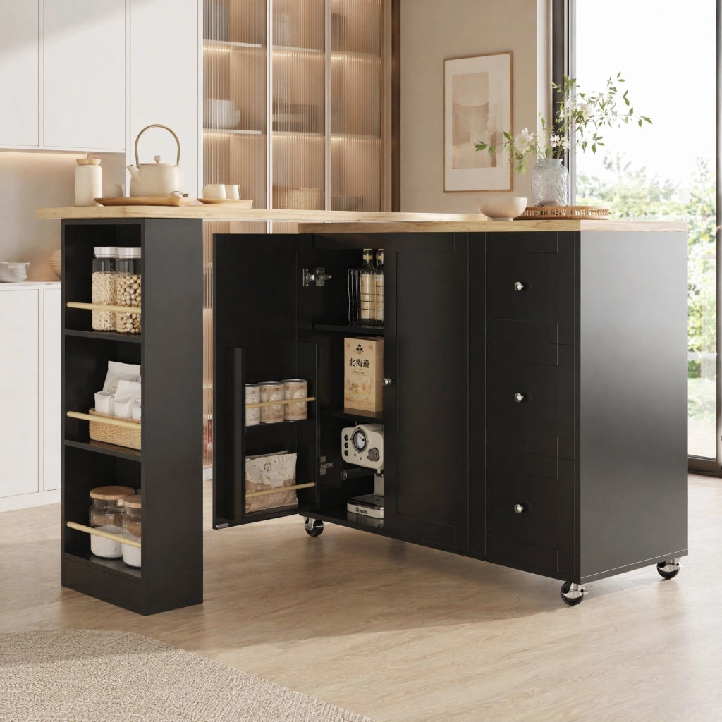 isola da cucina 203x39x106 cm nero – rotante a 360° con 3 cassetti e ruote