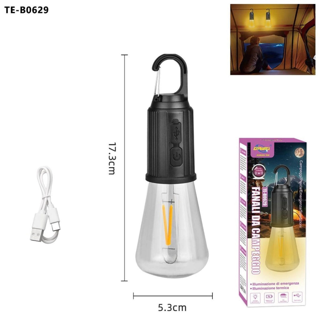 LAMPADA LED CAMPEGGIO USB RICARICABILE CON GANCIO PORTATILE LUCE EMERGENZA B0629