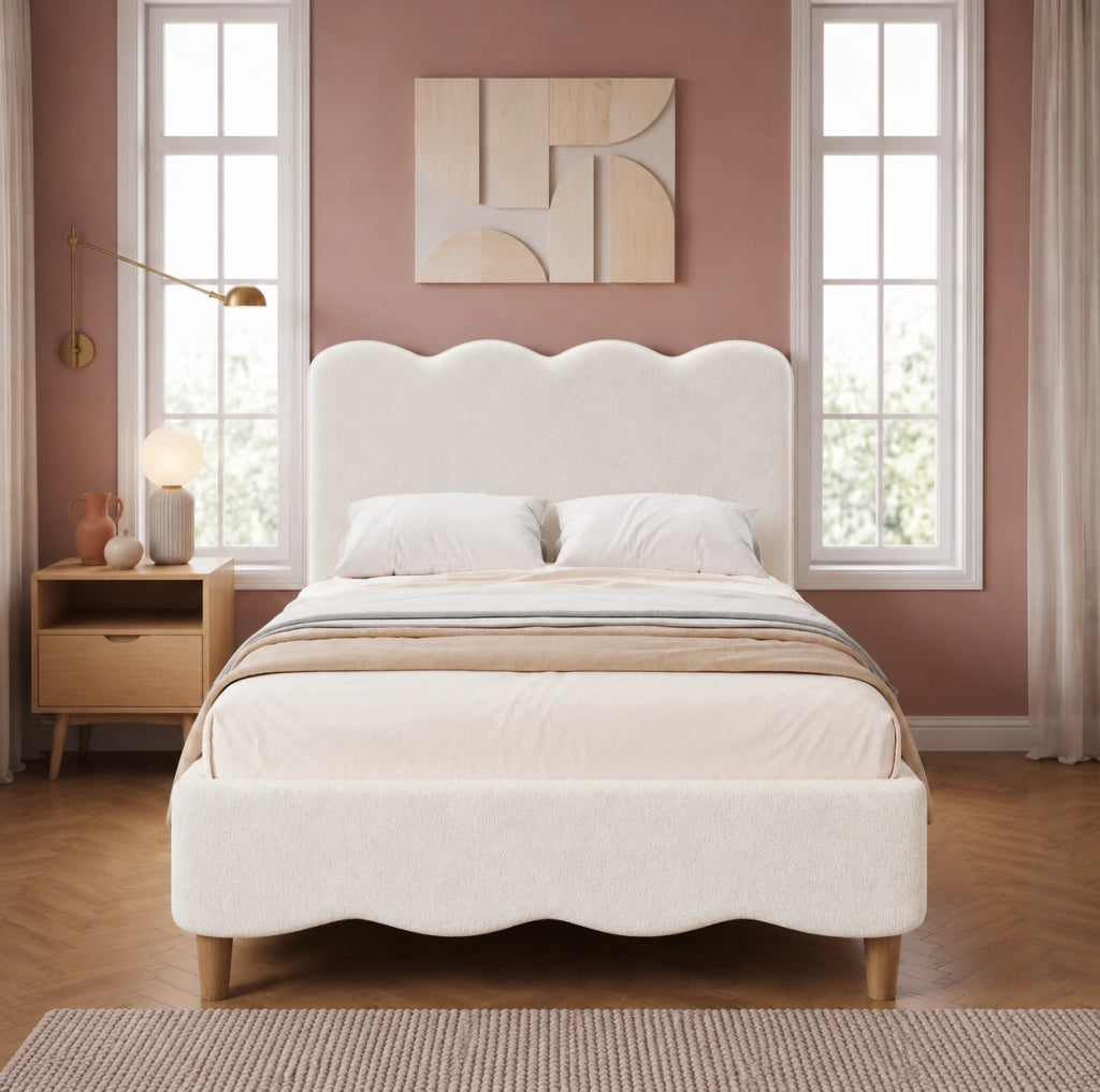 Letto imbottito 90x200 cm con rete a doghe; testiera in bouclé bianco