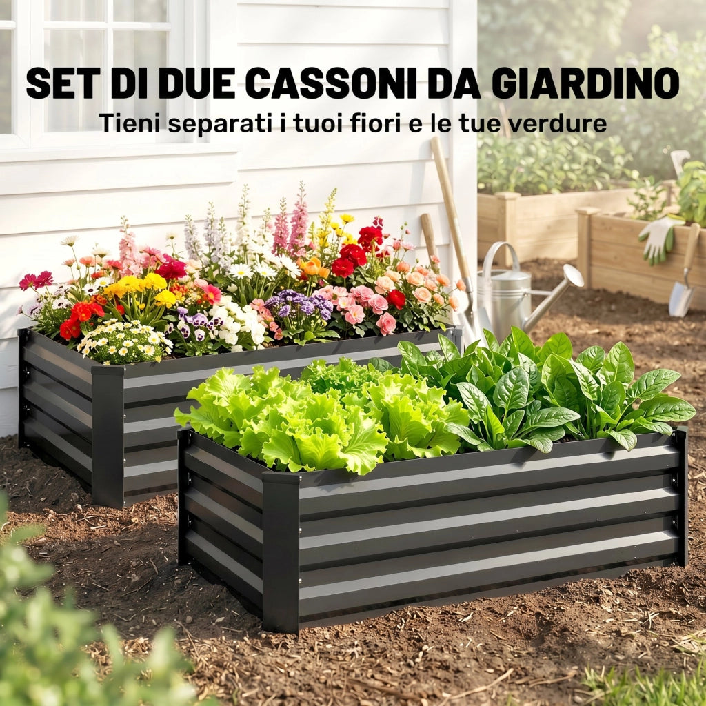 Set 2 Letti per Orto Rialzato in Acciaio Galvanizzato 100x60x30cm Fioriere Grigio con Fondo Aperto per Giardino