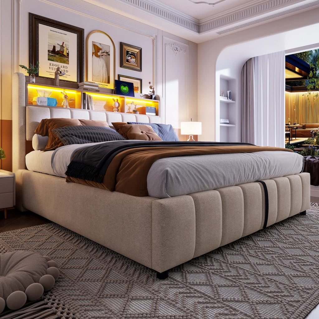 Letto matrimoniale imbottito 180 × 200 cm contenitore con LED USB e type C in tessuto di lino beige