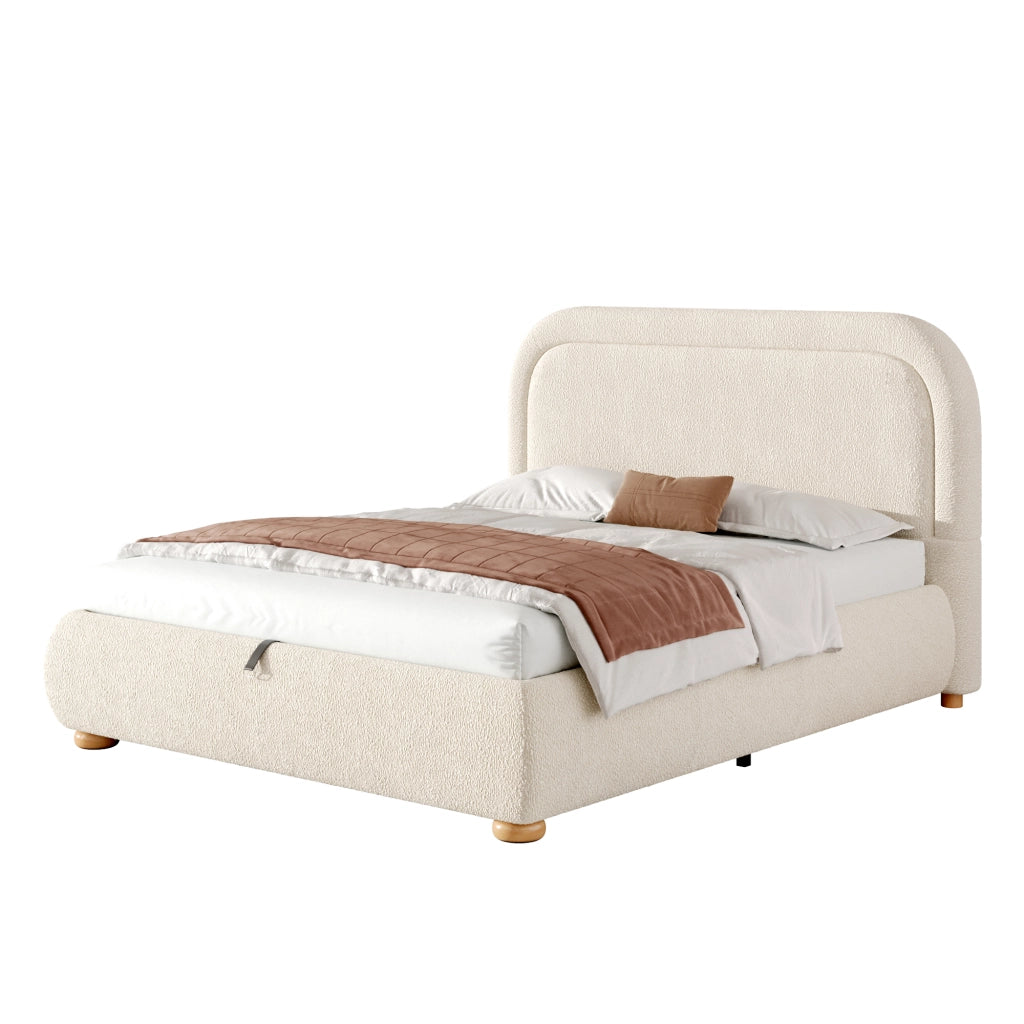 Letto con contenitore idraulico in bouclé beige