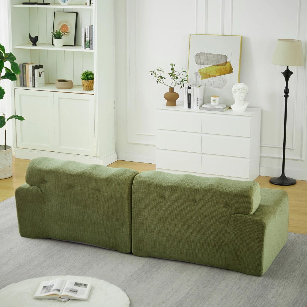 Divano Cloud 2 posti in tessuto ciniglia verde con braccioli larghi e design moderno, 224x104x66 cm